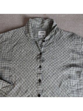 FLAX Womens Top Medium Gray Green Plaid 100% Linen Shirt Jacket Oversized